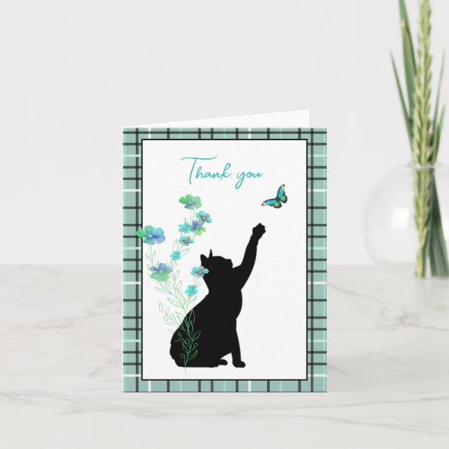 Tarjeta De Agradecimiento Gato negro con flores y mariposa (Anverso)