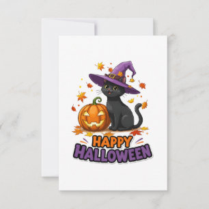 Tarjeta De Agradecimiento Gato Negro Lindo Bruja Feliz Halloween Calabaza