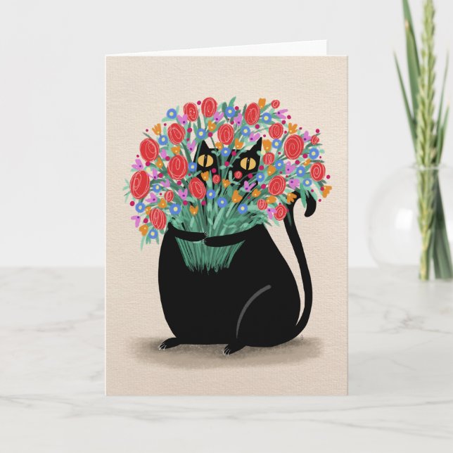 Tarjeta De Agradecimiento Gato negro y flores (Anverso)