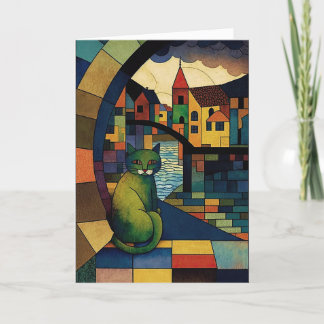 Tarjeta De Agradecimiento Gato verde y el río: Un tributo cubista