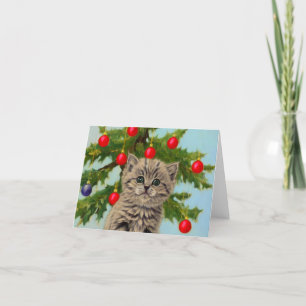 Tarjeta De Agradecimiento Gato vintage y árbol de Navidad