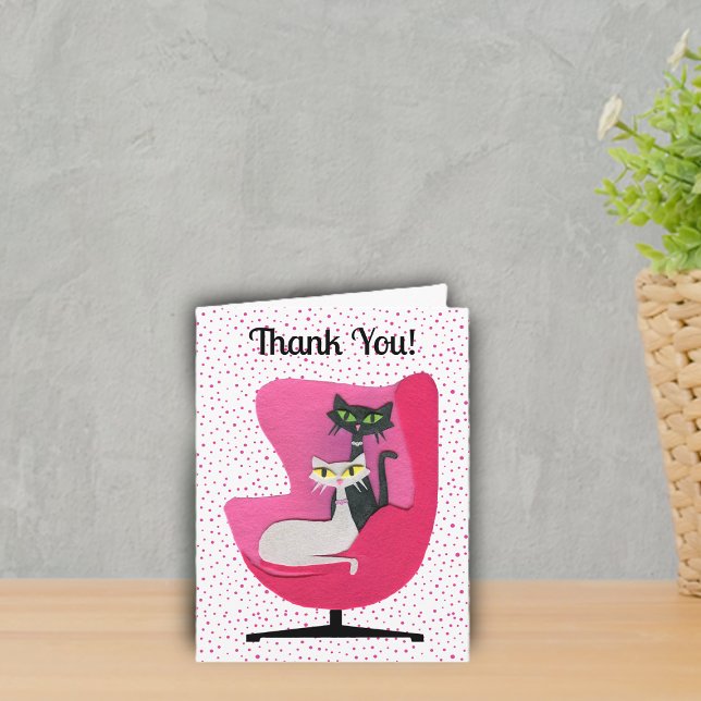 Tarjeta De Agradecimiento Gatos atómicos clásicos con la cáscara de polka ro (Classy atomic 1950's cat pink chair bright pink polka dots on white Thank You Card.)