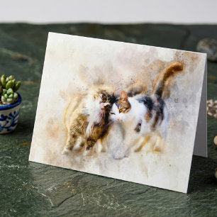 Tarjeta De Agradecimiento Gatos de Acuarela Acariciándose en Arte Abstracto
