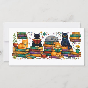 Tarjeta De Agradecimiento Gatos Leyendo Libros Escena de Biblioteca Acogedor