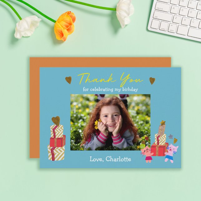 Tarjeta De Agradecimiento Gatos Lindos y Regalos Cumpleaños de Niños Azules  (Subido por el creador)