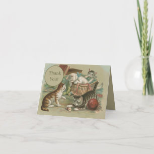 Tarjeta De Agradecimiento Gatos victorianos antiguos jugando en una cesta de
