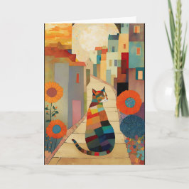 Tarjeta De Agradecimiento Gatos y flores en un pueblo iluminado por la luna