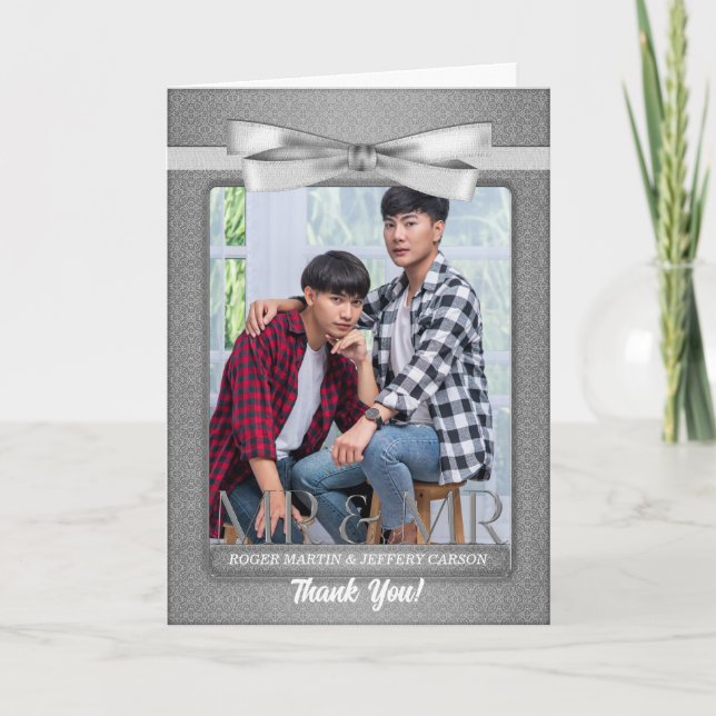 Tarjeta De Agradecimiento Gay plateado de dos Bodas de Grooms Blank (Anverso)