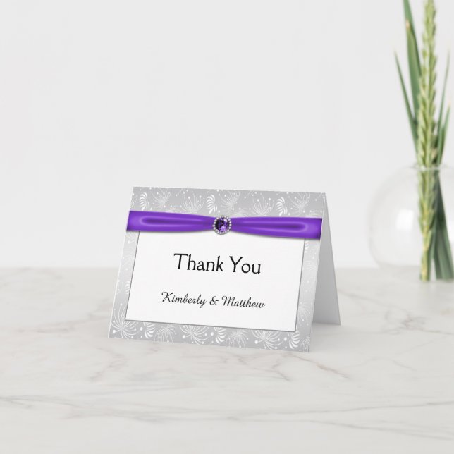 Tarjeta De Agradecimiento Gemas de cinta plateada y púrpura gracias (Anverso)