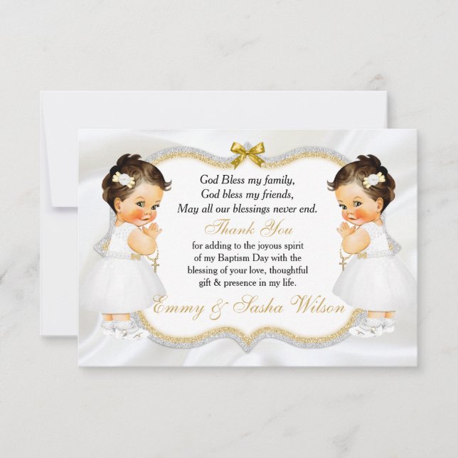 Tarjeta De Agradecimiento Gemelos Bebé Baptismo Cruz de Oro Gracias (Anverso)