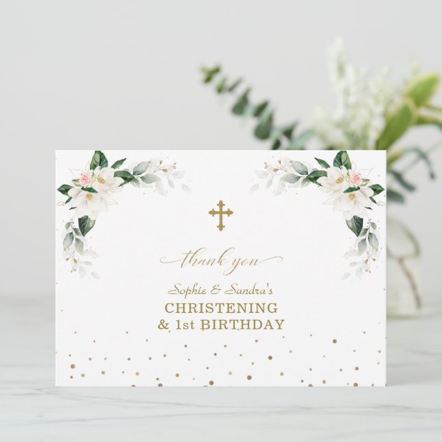 Tarjeta De Agradecimiento Gemelos de Magnolia Blanca Primera Navidad (Anverso de pie)