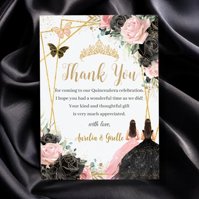 Tarjeta De Agradecimiento Gemelos Quinceañera dulce 16 floral rosa negro (twins quinceanera sweet 16 black and pink roses floral gold geometric princesses thank you cards)