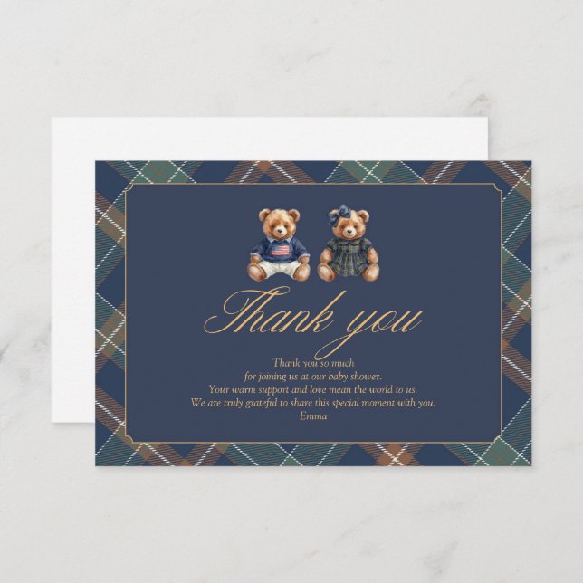 Tarjeta De Agradecimiento Gender Reveal Thank You Card Navy Plaid Teddy Bear (Anverso / Reverso)