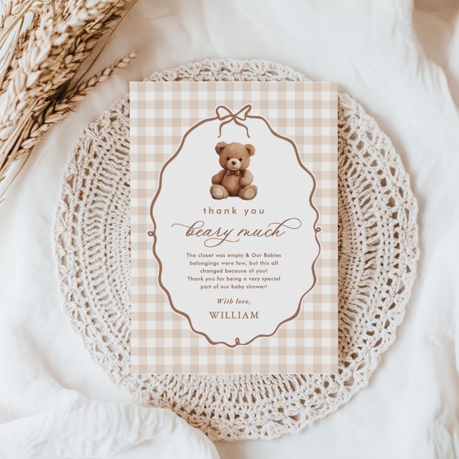 Tarjeta De Agradecimiento Género Neutral Gingham Teddy Bear Baby Shower (Subido por el creador)