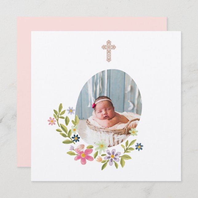 Tarjeta De Agradecimiento Gentle Pink Floral Baptism  (Anverso / Reverso)