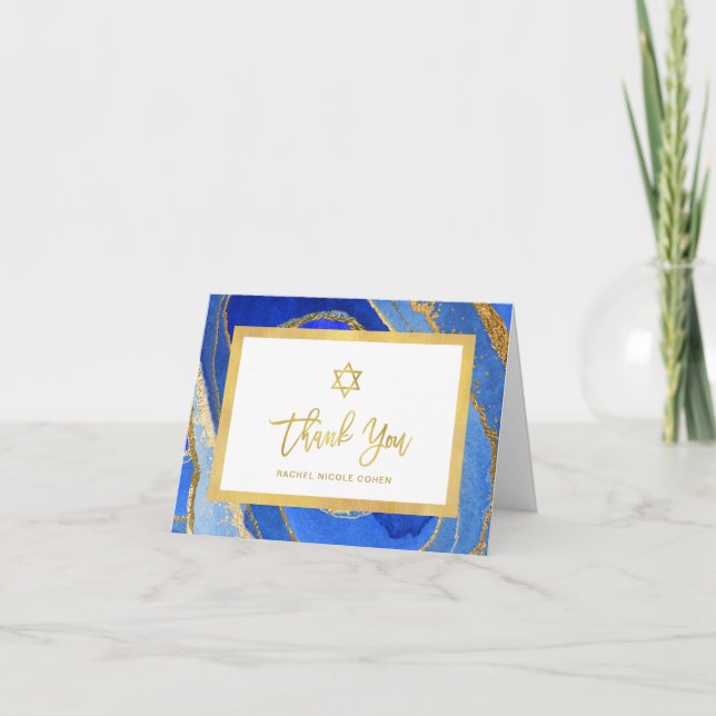 Tarjeta De Agradecimiento Geode azul y oro| Bat Mitzvah o Bar Mitzvah (Anverso)