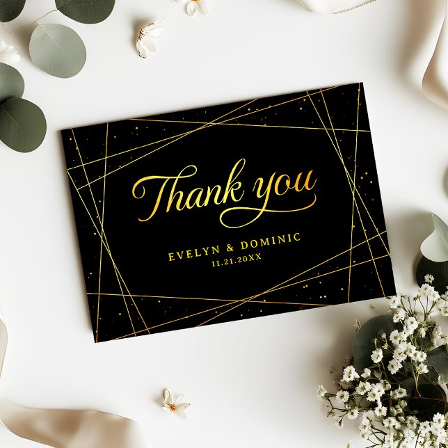 Tarjeta De Agradecimiento Geometric Black and Gold Elegant Wedding (Subido por el creador)