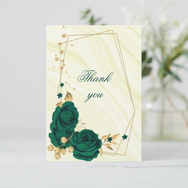 Tarjeta De Agradecimiento geométrico floral de oro verde esmeralda (Anverso de pie)