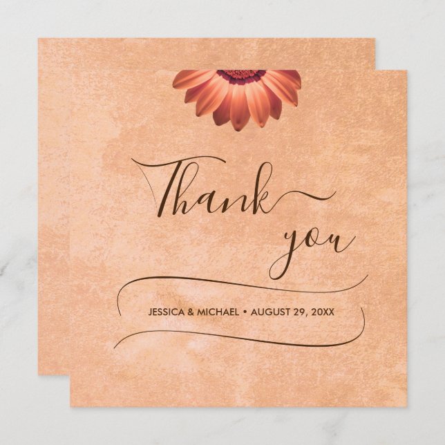 Tarjeta De Agradecimiento Gerbera Floral en Boda Abstracta de Melocotón (Anverso / Reverso)