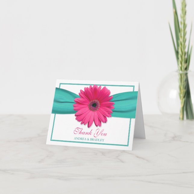 Tarjeta De Agradecimiento Gerbera Rosa Daisy Turquoise Boda Gracias 3 (Anverso)