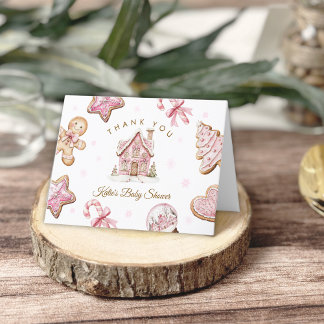 Tarjeta De Agradecimiento Ginger Bread Baby Shower Navidades rosas