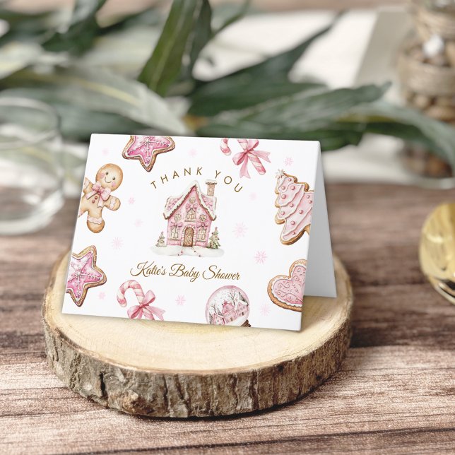 Tarjeta De Agradecimiento Ginger Bread Baby Shower Navidades rosas (Subido por el creador)