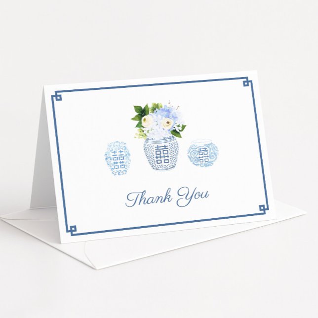 Tarjeta De Agradecimiento Ginger Jar Hydrangea elegante personalizada (Chinoiserie chic ginger jars filled with watercolor blue and white flowers)