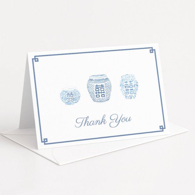 Tarjeta De Agradecimiento Ginger Jars de perrito azul y blanco personalizado (Elegant thank you cards featuring watercolor ginger jars with dark blue greek key border)
