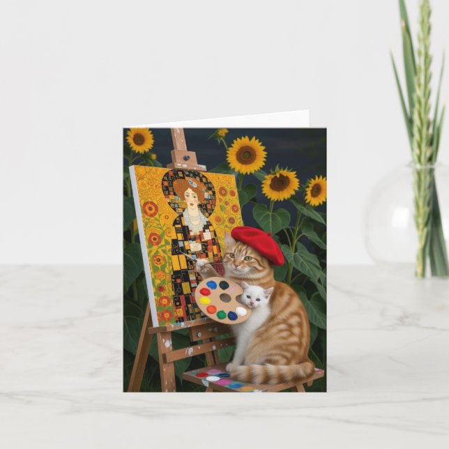 Tarjeta De Agradecimiento Ginger Kitty Artist Pintando Klimt Garden (Anverso)