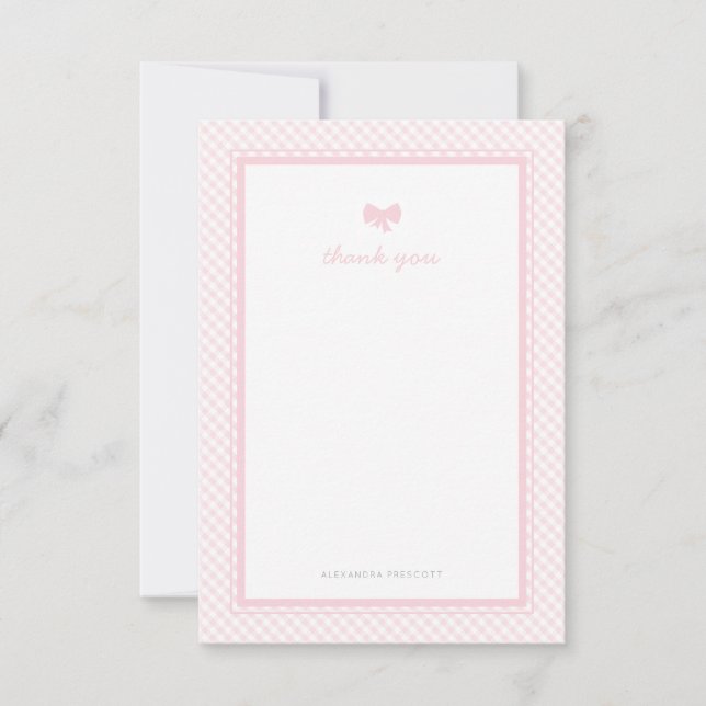 Tarjeta De Agradecimiento Gingham de bebé con arco rosa (Anverso)