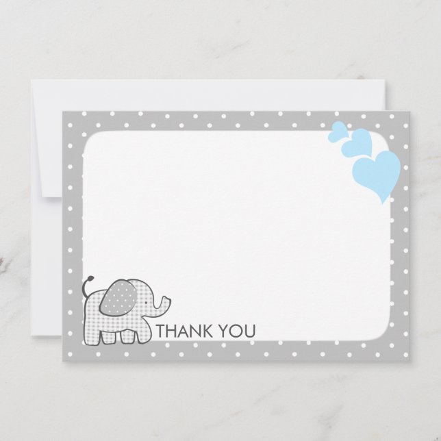 Tarjeta De Agradecimiento Gingham Elephant Baby Blue y Grey Gracias (Anverso)