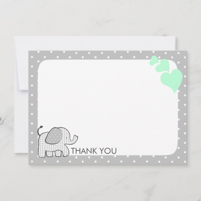 Tarjeta De Agradecimiento Gingham Elephant Mint Green Baby Gracias (Anverso)