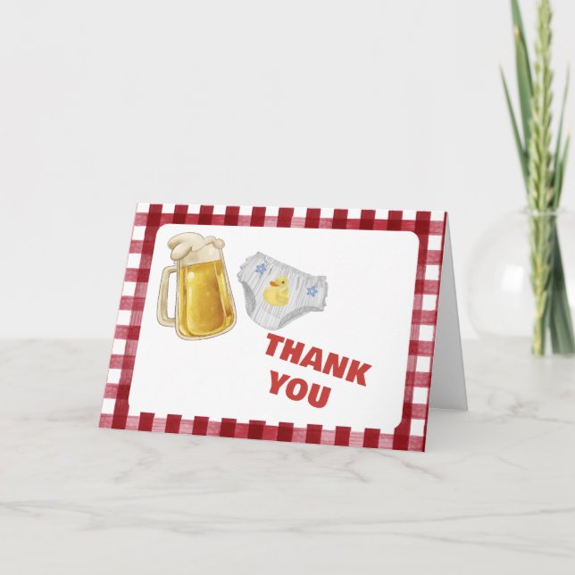 Tarjeta De Agradecimiento Gingham Huggies Chuggies Beer Diaper Baby Shower  (Anverso)