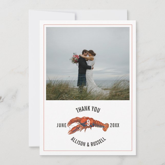Tarjeta De Agradecimiento Gingham Lobster Rustic Coastal Boda (Anverso)