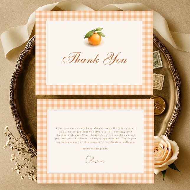 Tarjeta De Agradecimiento Gingham Orange Little Cutie Baby Shower (Subido por el creador)