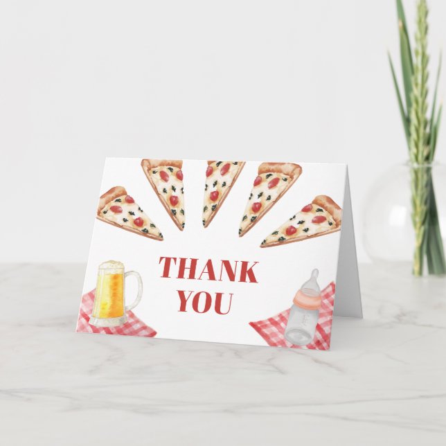 Tarjeta De Agradecimiento Gingham Rustic Modern Pizza Beers Baby Shower (Anverso)