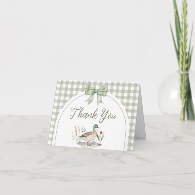 Tarjeta De Agradecimiento Gingham Sage Green Mallard Duck Baby Shower (Anverso)