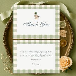 Tarjeta De Agradecimiento Gingham Sage Green Mallard Duck Bow Baby Shower