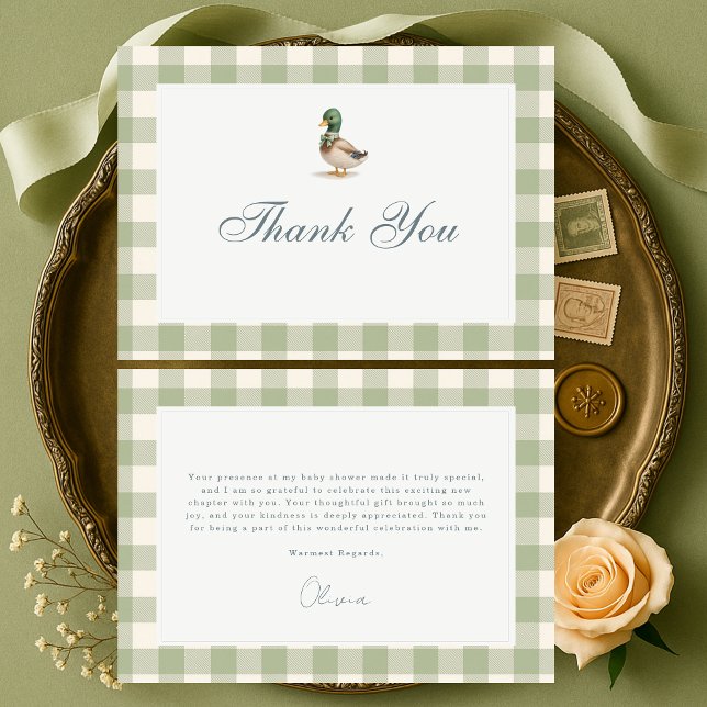 Tarjeta De Agradecimiento Gingham Sage Green Mallard Duck Bow Baby Shower (Subido por el creador)