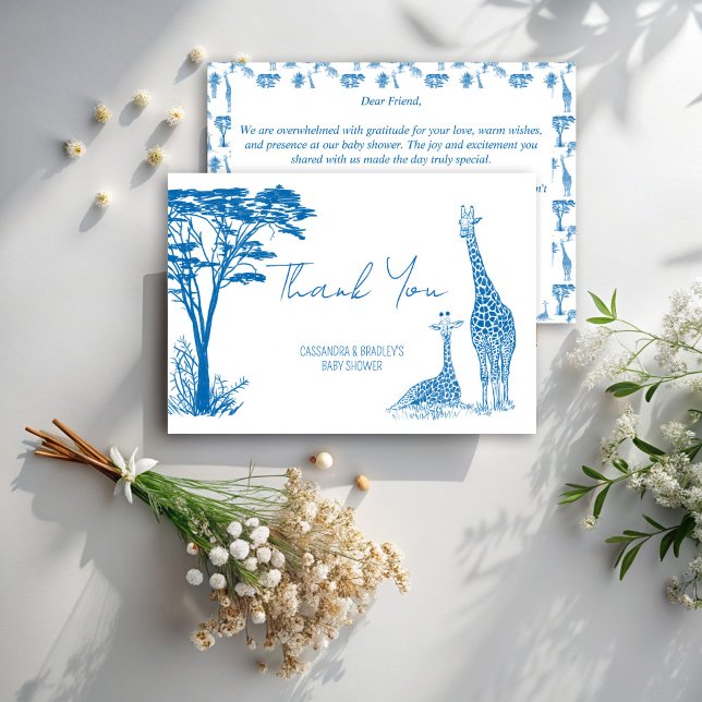 Tarjeta De Agradecimiento Girafa de toile azul Safari ducha bebé (Safari blue toile de jouy giraffe cute African animals baby shower thank you cards)