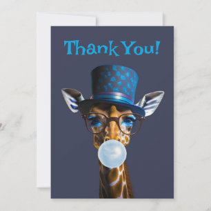 Tarjeta De Agradecimiento Giraffe con gafas, corbata de arco, goma azul de s