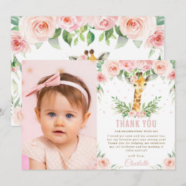 Tarjeta De Agradecimiento Giraffe Jungle Rubor Floral 1er cumpleaños foto 