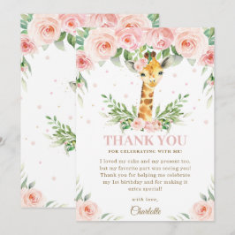 Tarjeta De Agradecimiento Giraffe Jungle Safari Pink Rubor Floral Cumpleaños