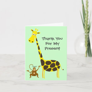 Tarjeta De Agradecimiento Giraffe Monkey THANK YOU FOR MY PRESENT Kids