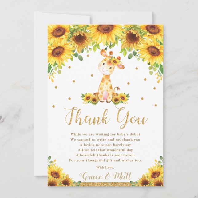 Tarjeta De Agradecimiento Giraffe Sunflower Baby Shower (Anverso)