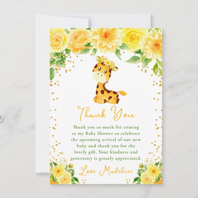 Tarjeta De Agradecimiento Giraffe Yellow Floral Baby Shower (Anverso)