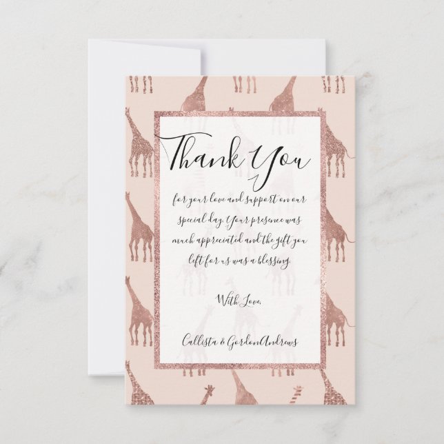 Tarjeta De Agradecimiento Giraffes rosadas de Rubor de oro Rosa moderno (Anverso)