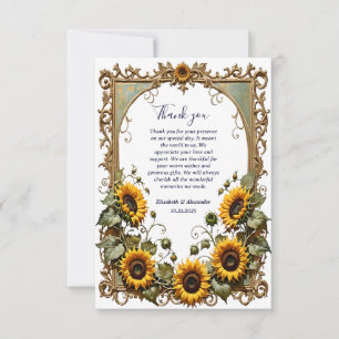 Tarjeta De Agradecimiento Girasol amarillo bonito con boda de marco de arte