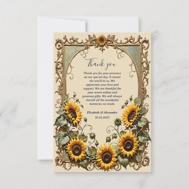 Tarjeta De Agradecimiento Girasol amarillo con boda de marco de arte (Anverso)