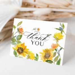 Tarjeta De Agradecimiento Girasol Amarillo Elegante Abeja Soleada Gracias